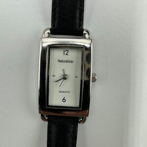 3/$30 Naturalizer Watch Women Silver Tone Tank Case Black Leather Band